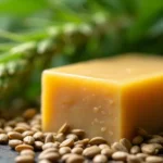 A natural hemp soap bar placed on a bed of cannabis seeds, with hemp leaves in the background, highlighting the use of cannabis in skincare.