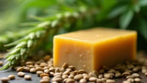 A natural hemp soap bar placed on a bed of cannabis seeds, with hemp leaves in the background, highlighting the use of cannabis in skincare.