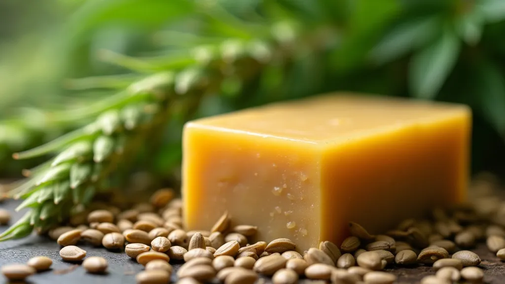 A natural hemp soap bar placed on a bed of cannabis seeds, with hemp leaves in the background, highlighting the use of cannabis in skincare.