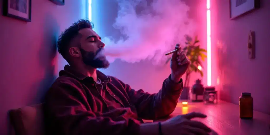 Man enjoying a joint in a lit room