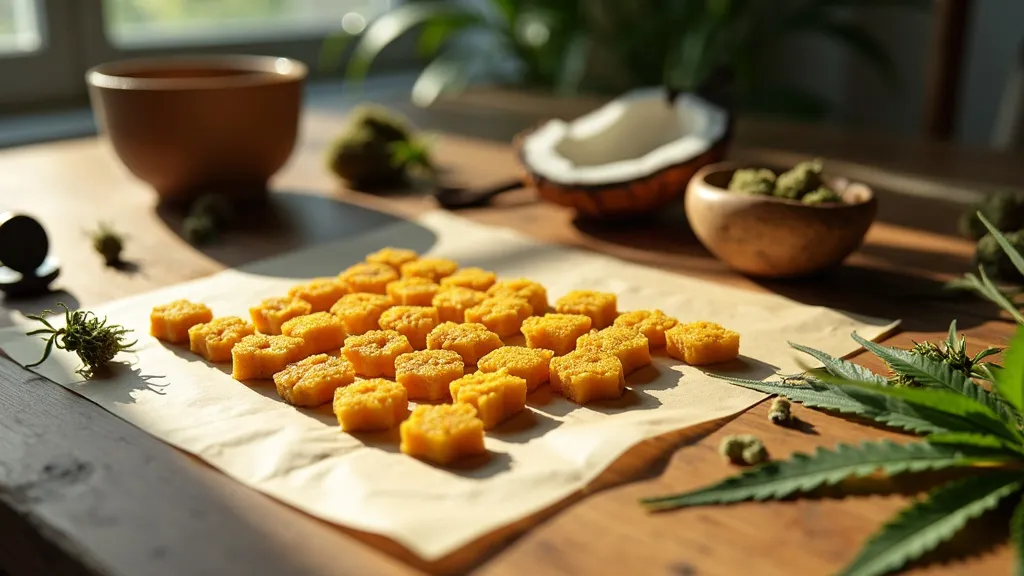 Homemade orange THC gummies prepared with infused coconut oil, set on parchment paper under warm sunlight, surrounded by cannabis leaves and natural ingredients.