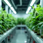 Rows of cannabis plants growing in a high-tech hydroponic system indoors, supported by efficient LED lighting for optimal growth.