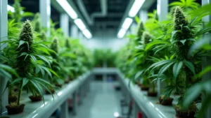 Rows of cannabis plants growing in a high-tech hydroponic system indoors, supported by efficient LED lighting for optimal growth.
