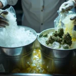Hands performing an ice water hash extraction with cannabis buds and ice in metal buckets.