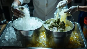 Hands performing an ice water hash extraction with cannabis buds and ice in metal buckets.