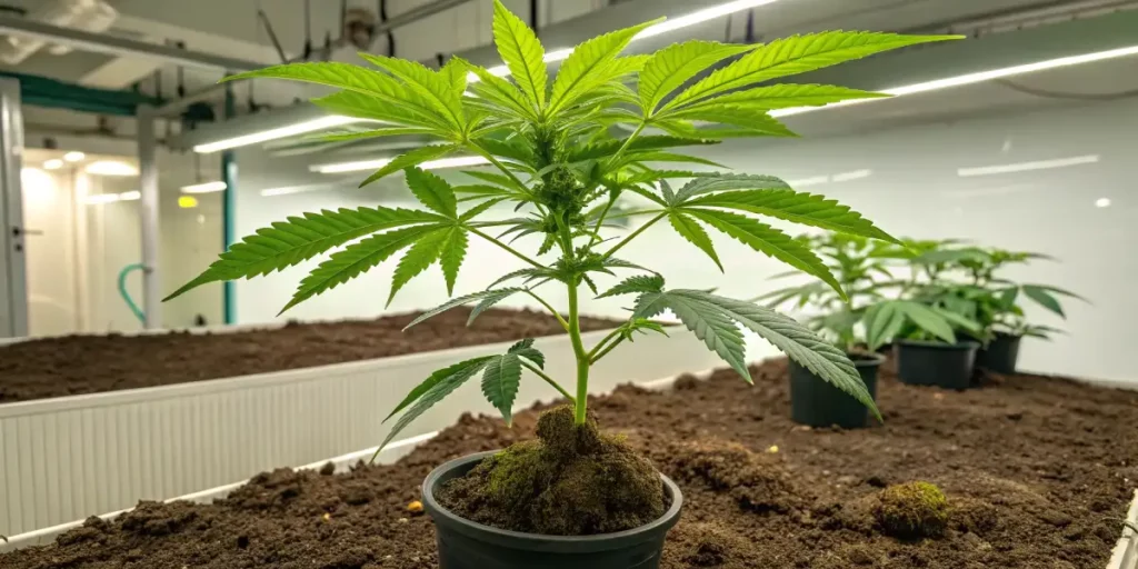 Close-up of an indoor cannabis clone with resin-coated leaves.
