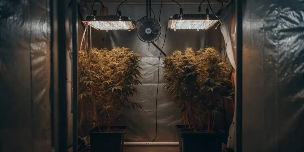 Indoor cannabis plants growing under bright lights in a controlled environment with a fan for air circulation.