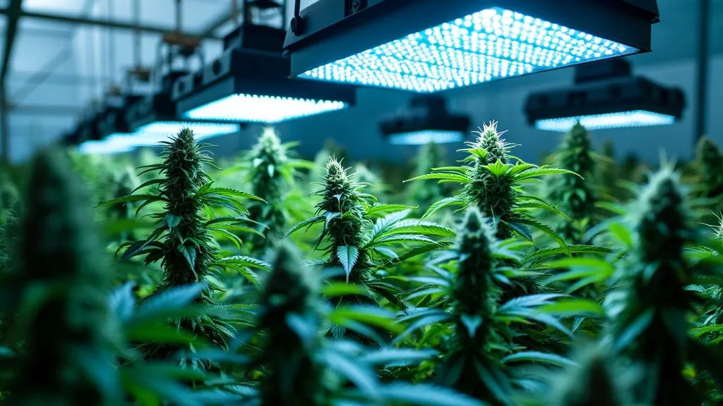 Indoor cannabis grow room illuminated with blue LED lights, providing an optimal greenhouse grow light setup for enhanced growth and yield.