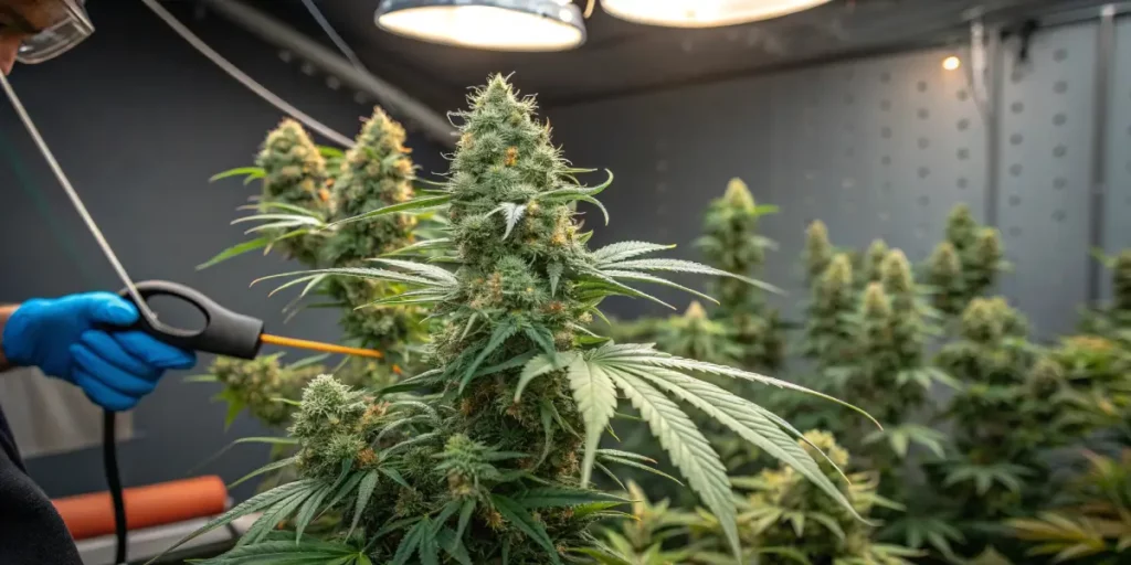 Cannabis plants being sprayed with water by a grower, showing healthy buds under artificial grow lights.