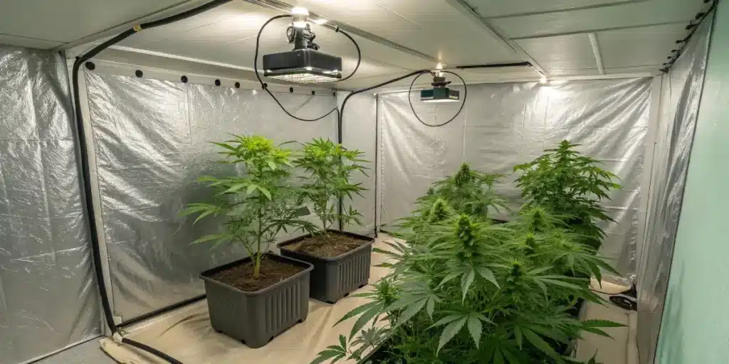 Indoor cannabis plants growing in a controlled environment with artificial lighting and plastic containers.