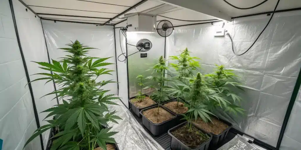 Indoor cannabis plants growing under LED lights in a controlled environment.
