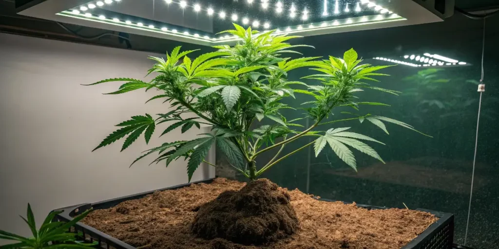 A young cannabis plant growing indoors under bright LED lights, surrounded by soil and in a controlled environment.