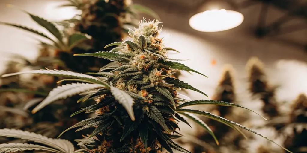 Indoor cannabis plant with a well-defined bud and leaves, illuminated under bright lighting.