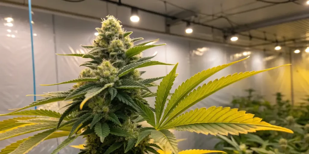 Indoor cannabis bud with yellowing leaves, showing dense trichomes under bright lights.