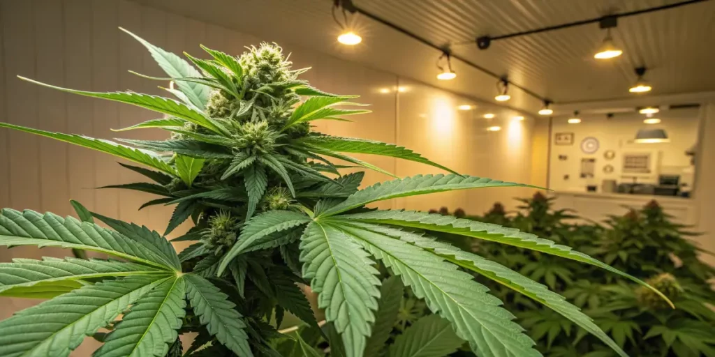 Indoor cannabis plant with a budding top and bright LED lights illuminating the grow room.