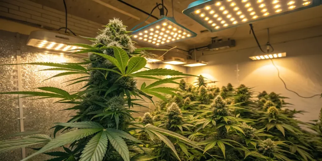 Indoor Sundae Driver cannabis plants thriving under LED grow lights with full, resinous buds.