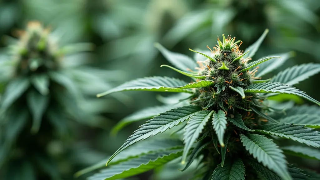 Close-up of a healthy indoor cannabis bud with vibrant green leaves and orange pistils, thriving under proper lighting and foliar spray for cannabis treatment.
