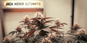 Hyper-realistic close-up of a "JACK HERER AUTOMATIC" cannabis plant with dense buds and reddish leaves under a glowing light.