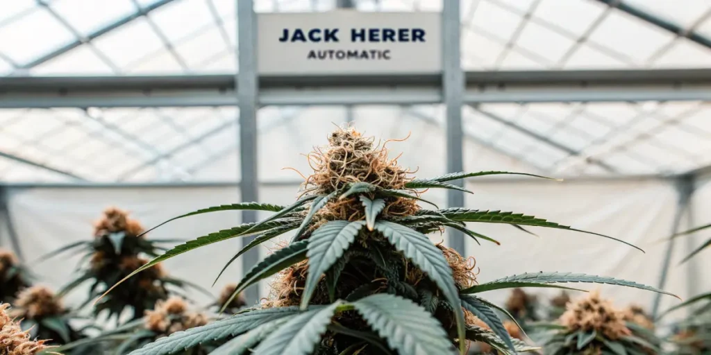 Hyper-realistic close-up of a "JACK HERER AUTOMATIC" cannabis plant with dense, orange-pistil buds, in a greenhouse.