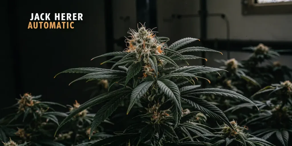 Hyper-realistic close-up of a "JACK HERER AUTOMATIC" cannabis plant with dense, orange-pistil buds in a dimly lit grow room.