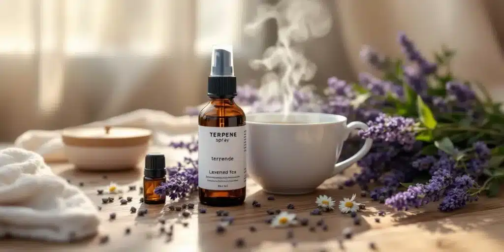 Lemon spray terpenes bottle next to lavender flowers and a steaming cup of tea for calming aromatherapy