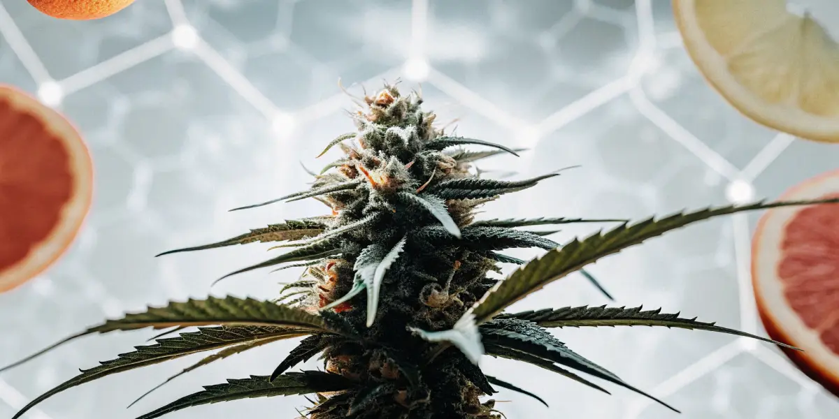 Hyper-realistic digital illustration: cannabis bud, citrus slices, and a blurred molecular background, representing Limonene.