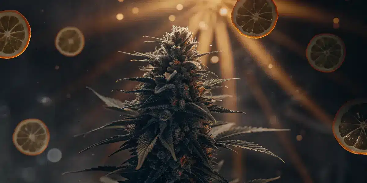 Hyper-realistic digital illustration: glowing cannabis bud with floating dried lemon slices, representing Limonene.