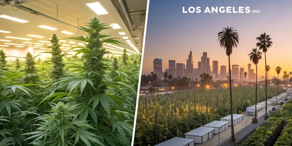 Split image: indoor cannabis grow room left, Los Angeles skyline with cannabis field right.