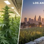 Split image: indoor cannabis grow room left, Los Angeles skyline with cannabis field right.