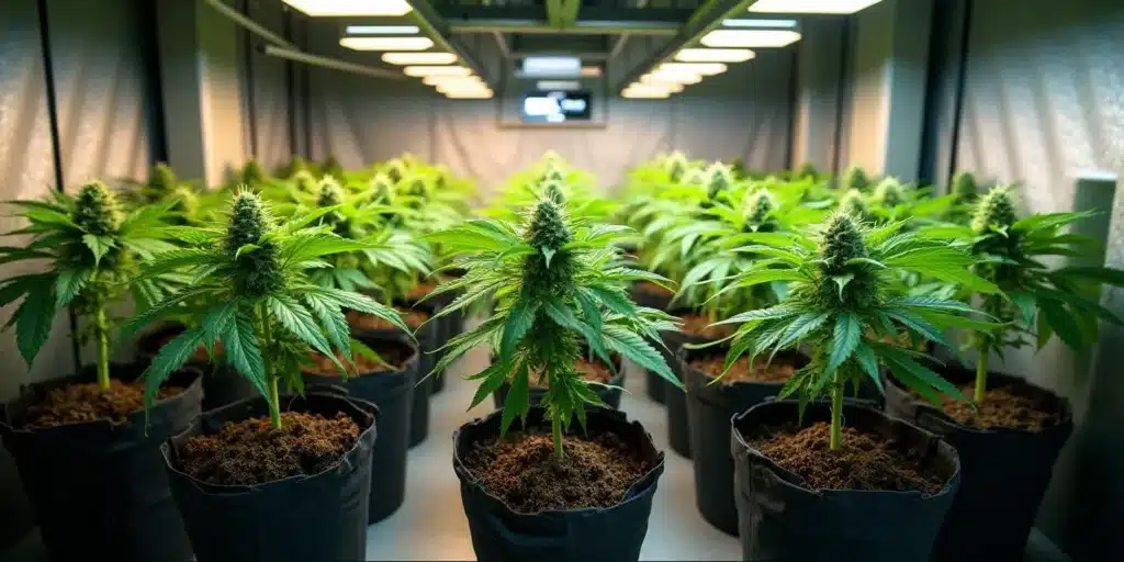 Mature cannabis clones flourishing in pots under grow lights, perfect for those looking to buy premium weed clones near me for indoor cultivation.