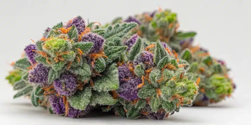 Close-up of a Moonshine Cookie cannabis bud, showing vibrant purple and green hues with orange pistils.
