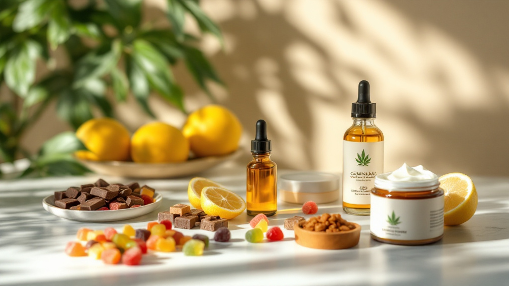 A variety of smoke-free cannabis products including tinctures, edibles, and topical cream with lemon slices and a green background.
