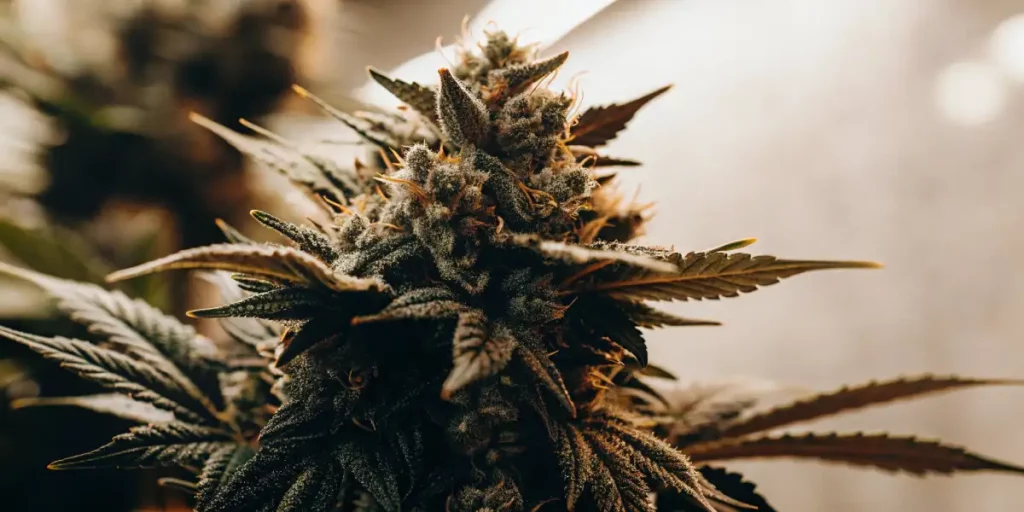 Focus on a Northern Lights cannabis flower, showcasing dense buds, frosty trichomes, and vibrant green and orange tones.