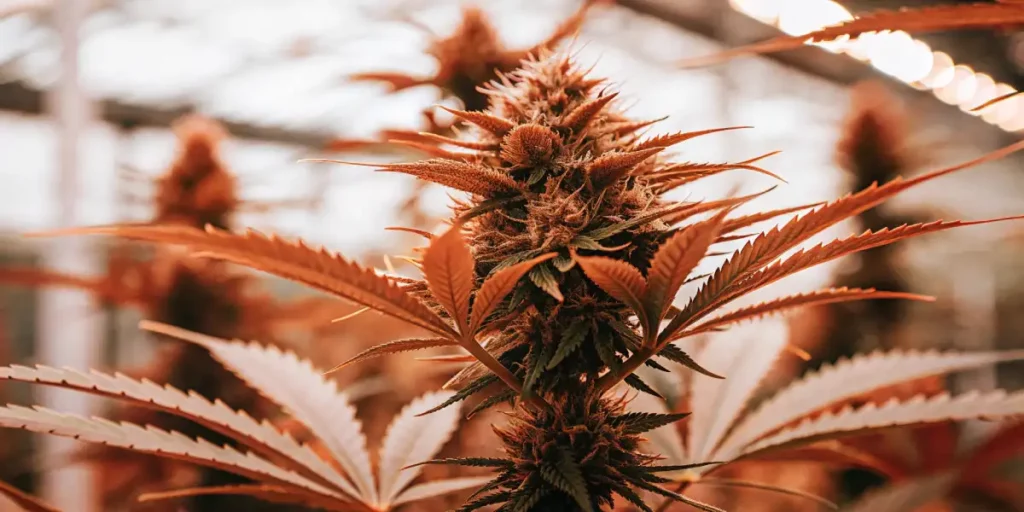 Close-up of cannabis buds with orange-red hues and intricate details, under soft lighting in a grow room.