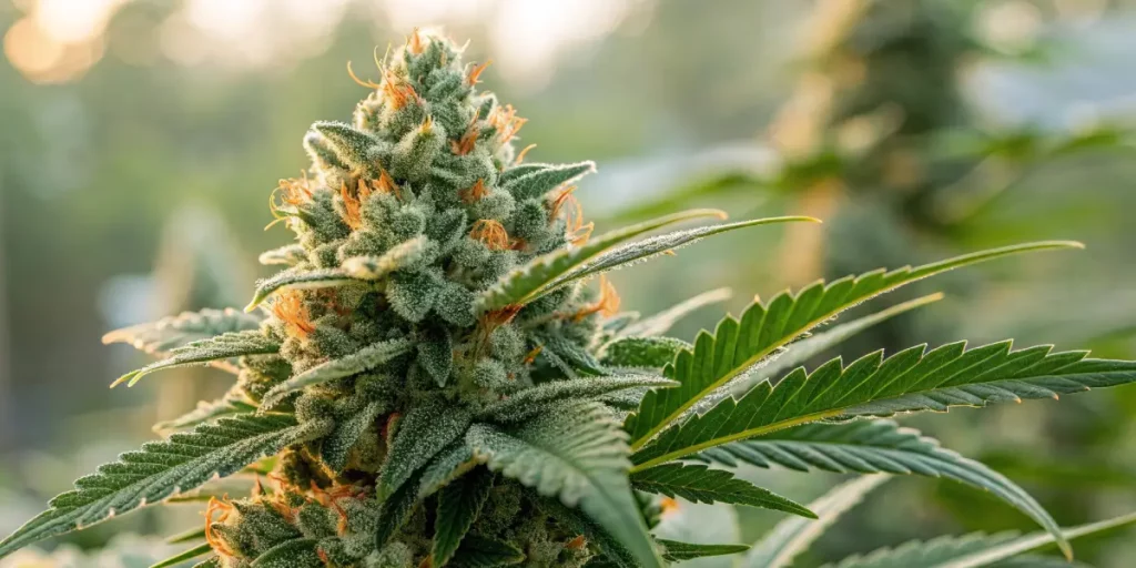 Close-up of cannabis bud with frosty trichomes and orange pistils during the dawn light
