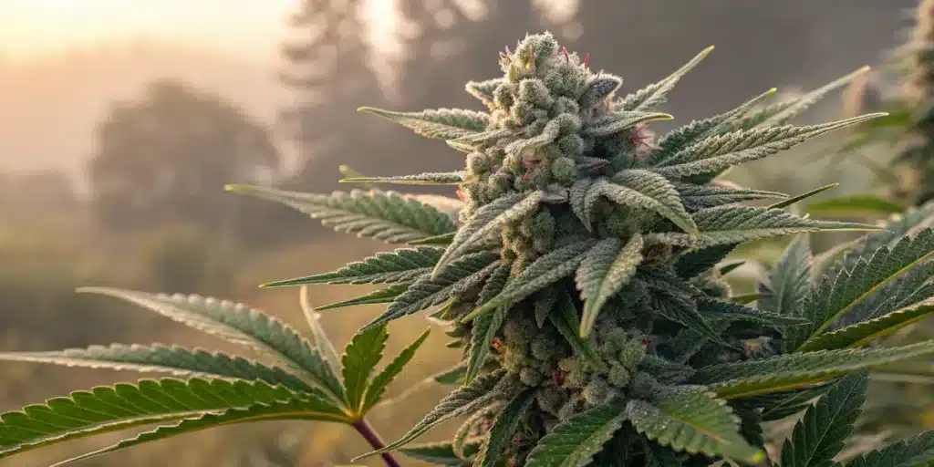 Close-up of a cannabis bud covered in trichomes with purple hues under soft dawn light.