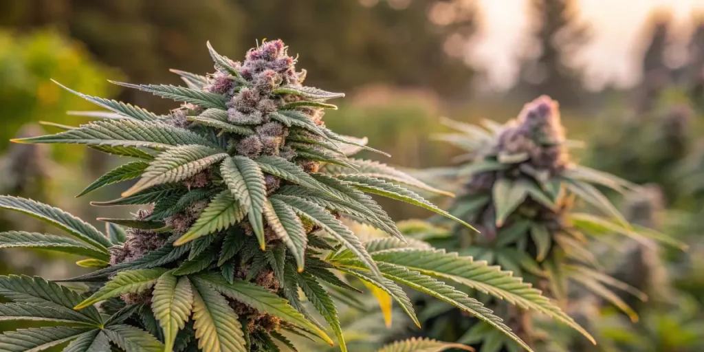 Cannabis bud with purple hues and trichomes, glowing under the sunset light outdoors.