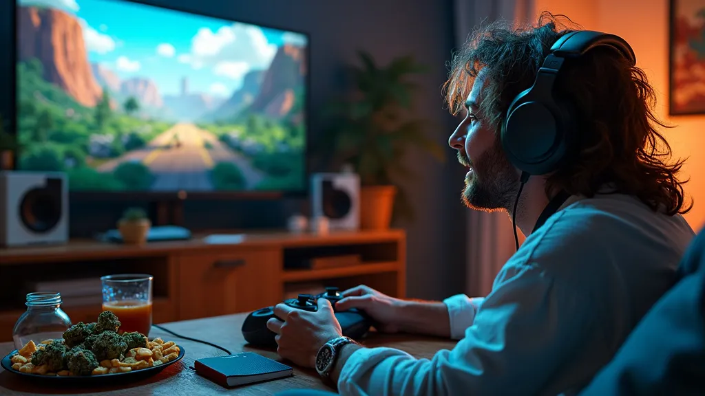 Man playing video games with headphones, engrossed in an adventure on the screen, with cannabis snacks and a drink nearby, illustrating enjoyable activities while stoned.