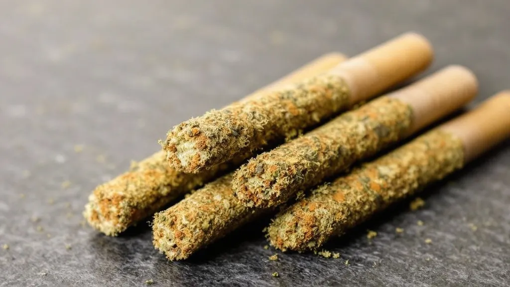 Kief-coated cannabis pre-rolls arranged on a flat surface.
