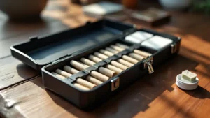 A compact black case filled with pre-rolled joints