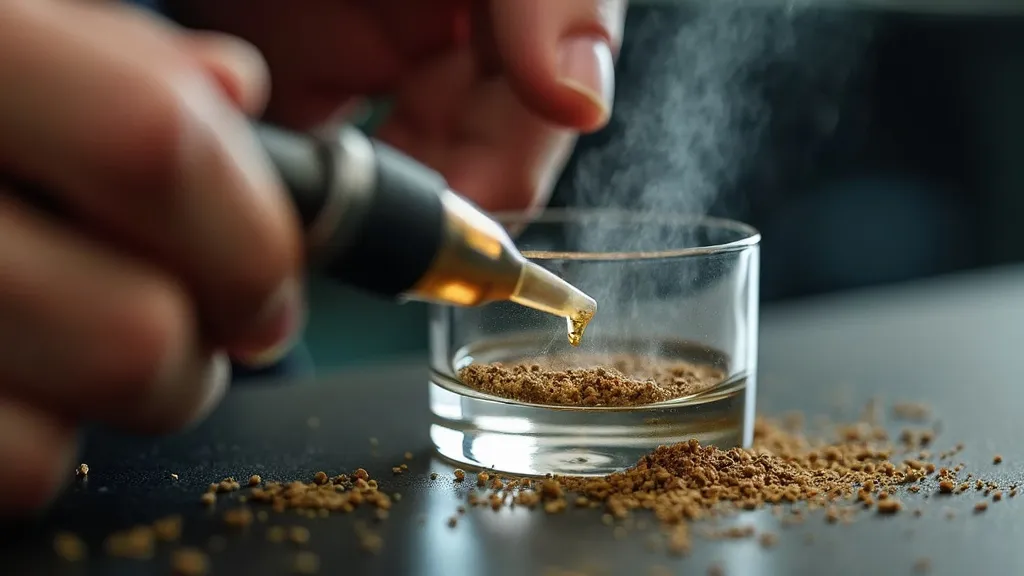 Hand applying concentrate to a cold start banger in a glass container, producing light vapor, ideal for controlled and efficient dabbing.