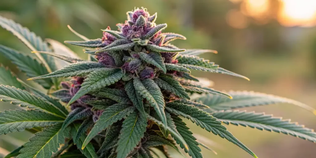 Purple cannabis bud coated in resin, illuminated by soft lighting to highlight its details.