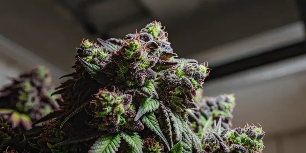 Cannabis bud with purple accents, coated in resin, captured under soft indoor lighting.