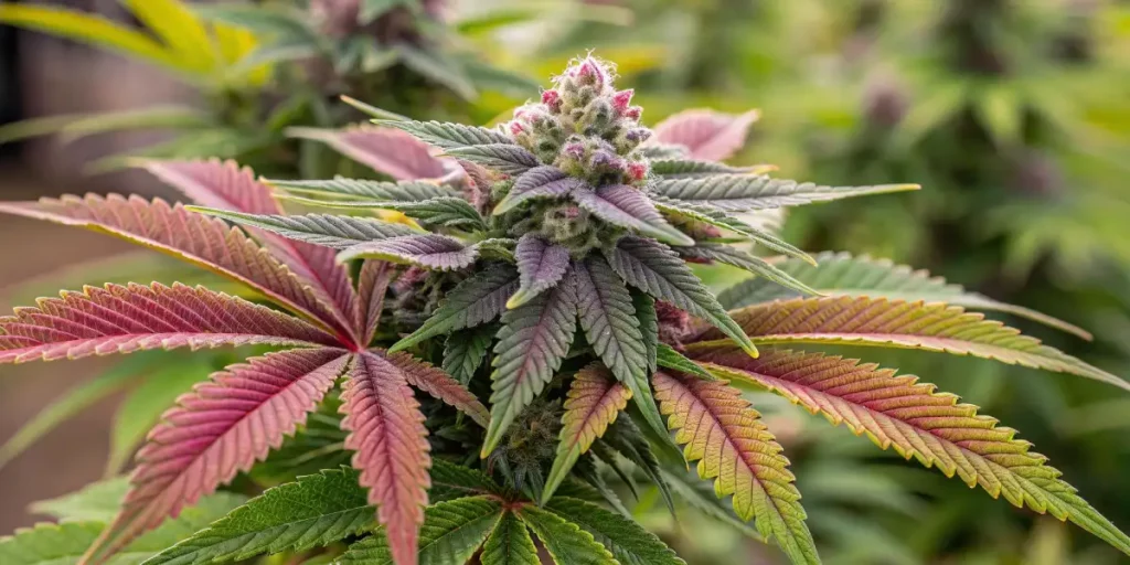 Purple cannabis bud with orange hairs, frosty trichomes, and vibrant green leaves, captured in natural light.