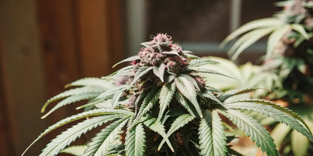 Cannabis bud with purple hues and resin coating, illuminated by soft indoor light.