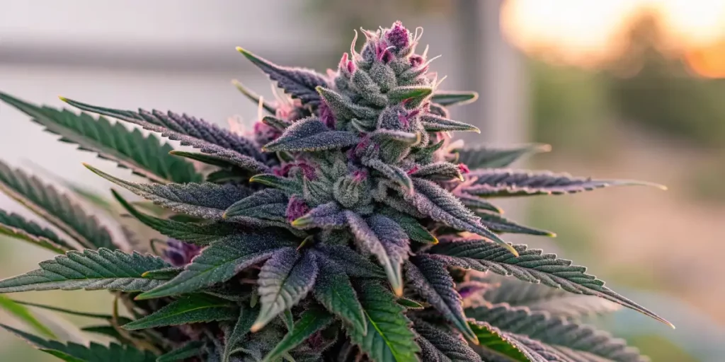 Cannabis bud with purple accents and resin, bathed in warm sunlight for a vibrant look.