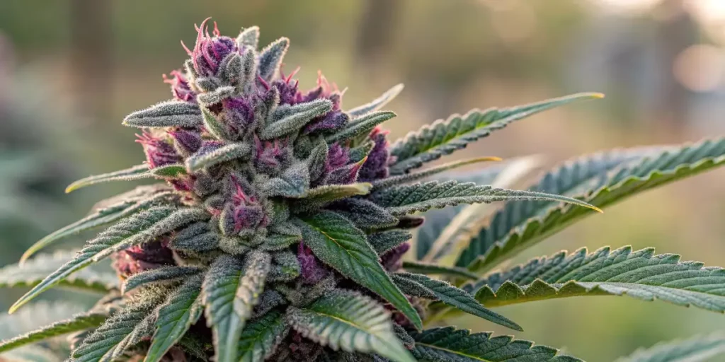 Close-up of a cannabis bud with purple accents and a resinous coating, captured in soft lighting.