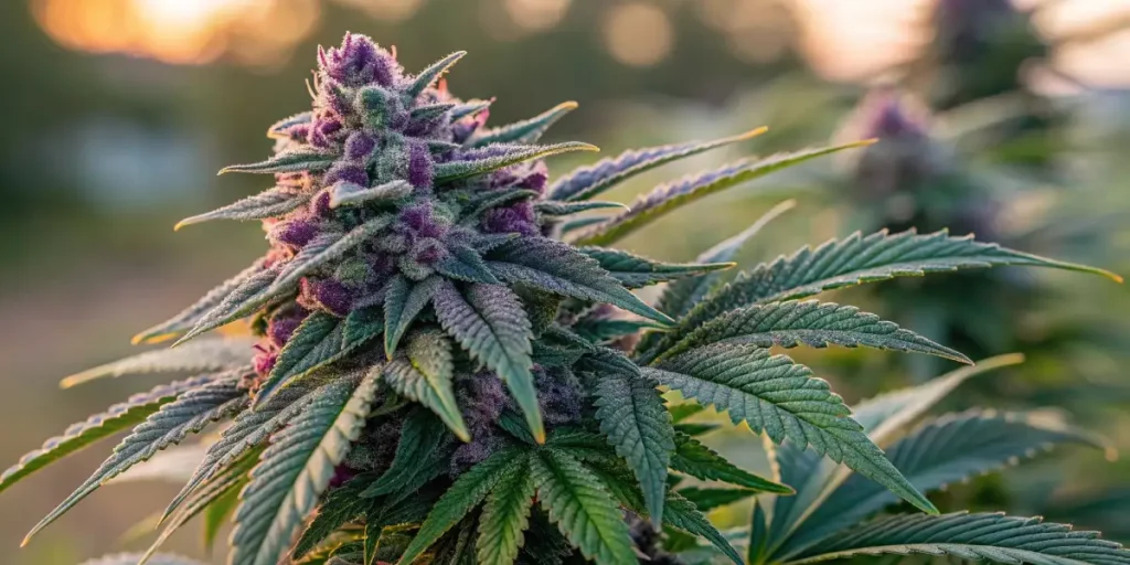 Close-up of a cannabis bud with purple accents and resin coating, softly illuminated.