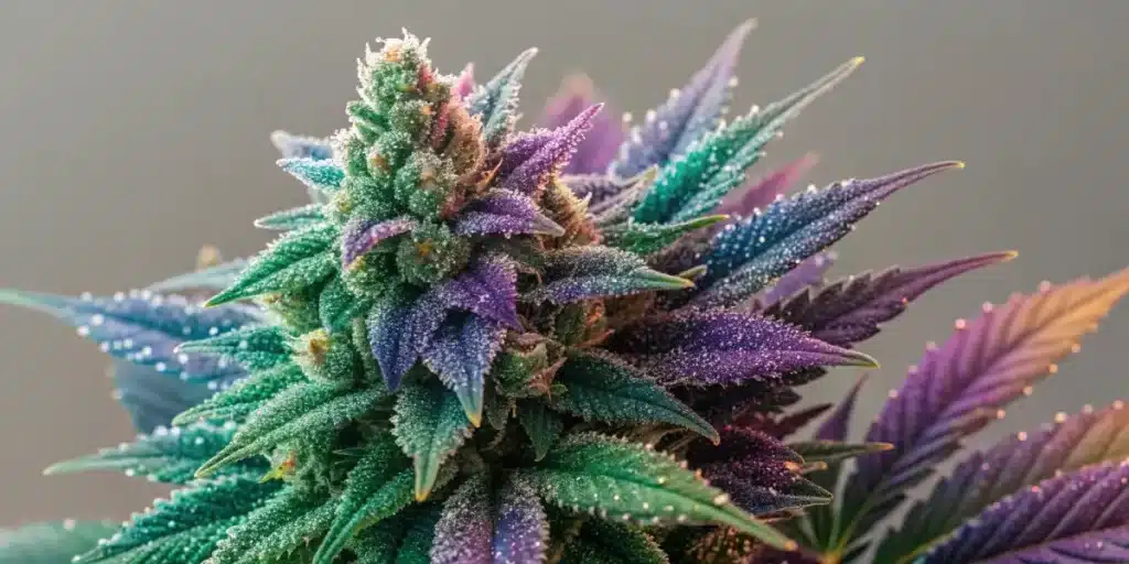 Close-up of a Rainbow Kush cannabis bud with vibrant purple, green, and orange hues, coated with trichomes.