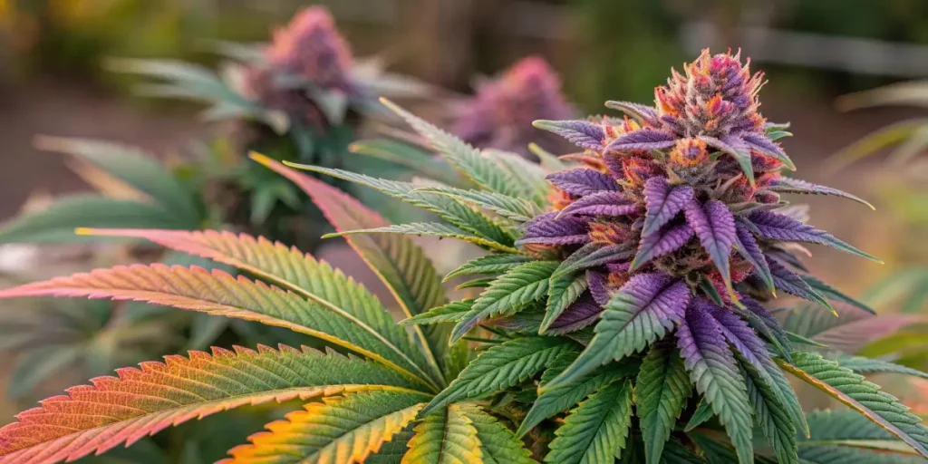 Rainbow Kush cannabis plant in flowering stage, showcasing colorful buds and bright trichomes.